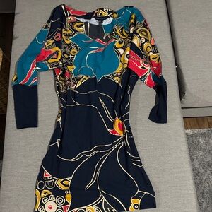 French Connection Long Sleeve Dress in Blue and Red Abstract Print